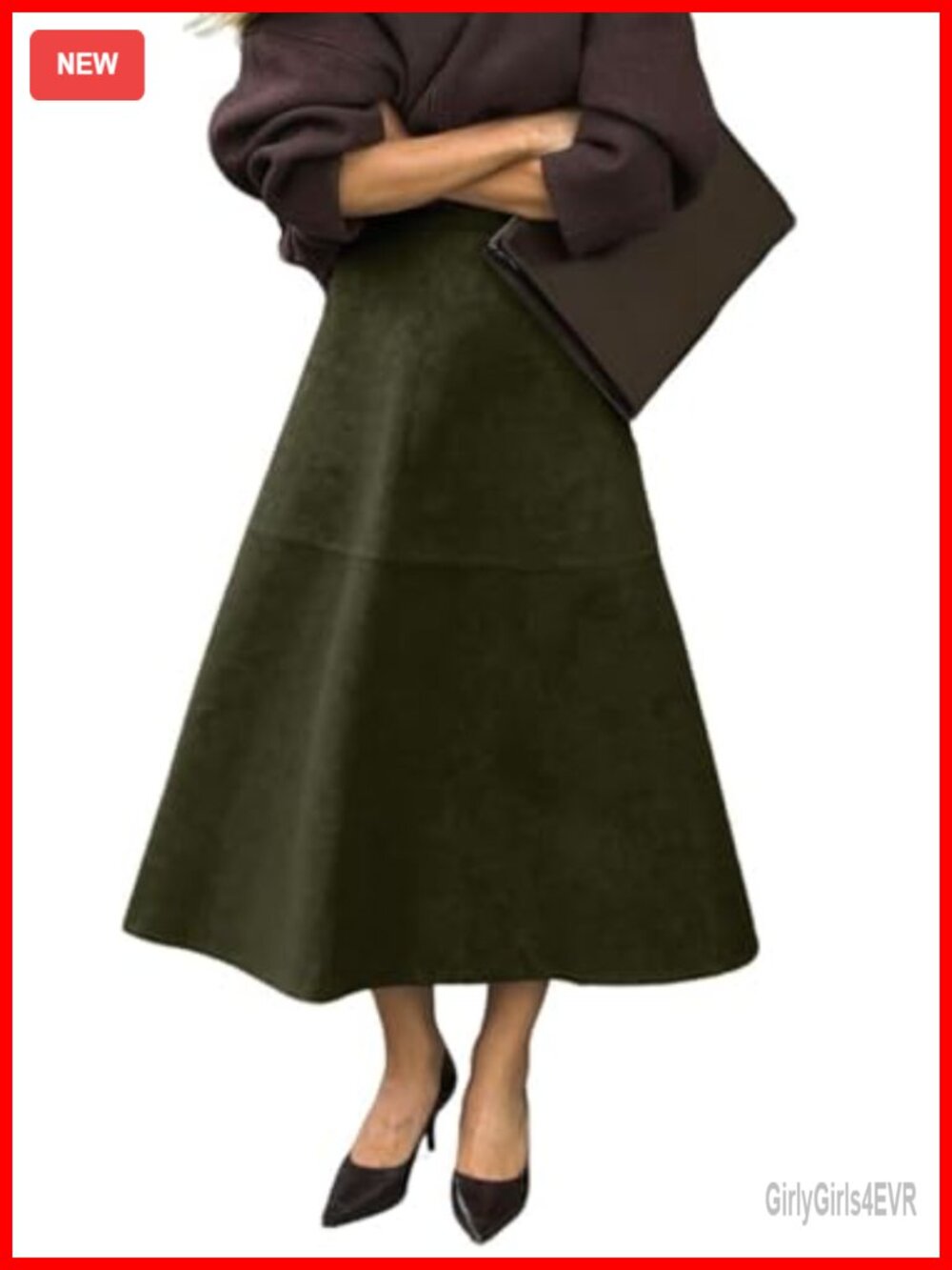 Faux Suede Leather Maxi Skirt High Waist A-Line Flared